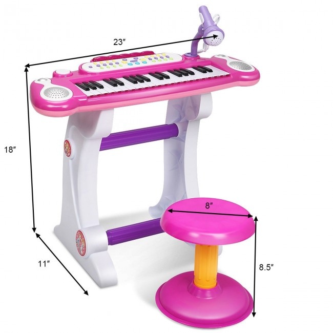 Kid's 37Key Electronic Piano Toy With Microphone & Stool Color Pink