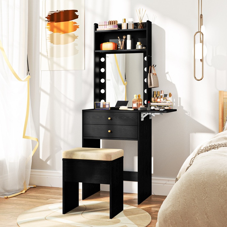 Compact Vanity Desk Set With Lighted Mirror and Outlets