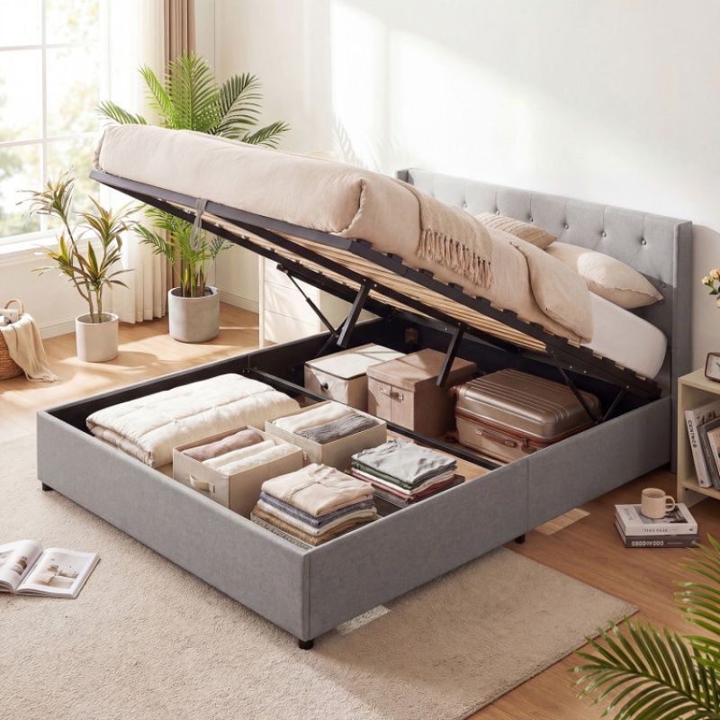 Queen Size Lift-Up Storage Bed Modern Linen Upholstered Platform Bed-Gray