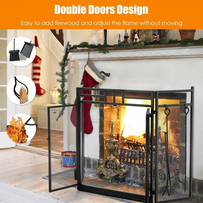 3-Panel Folding Wrought Iron Fireplace Screen With Doors And 4 Pieces Tools Set