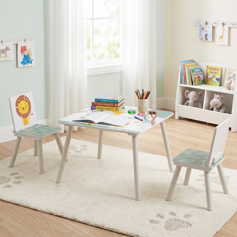 3 Pieces Kids Table And Chairs Set With Animal Patterns For Aged 3-6 Years Old