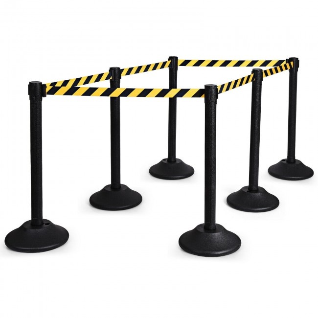 6 Pcs Stanchion Post Crowd Control Barriers Queue Pole With Retractable Belt Color: Black