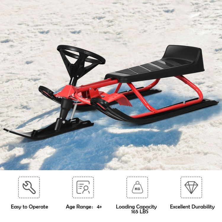 44 X 20 Inch Kids Snow Sled With Steering Wheel And Double Brakes Pull Rope