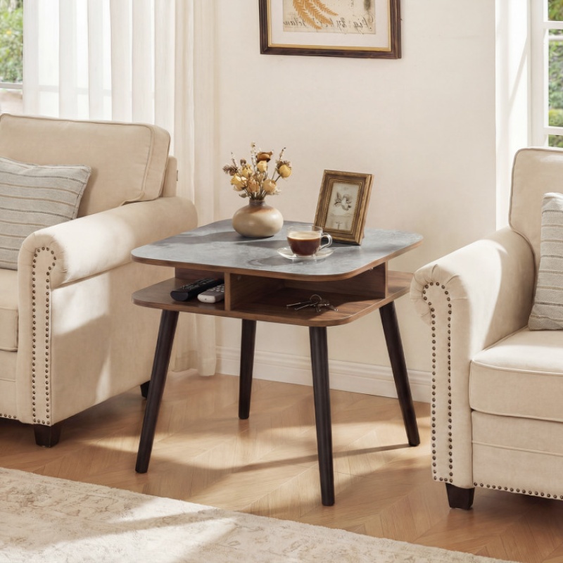 Side Table Faux Marble End Table With Storage Shelves And Rubber Wood Legs-Walnut