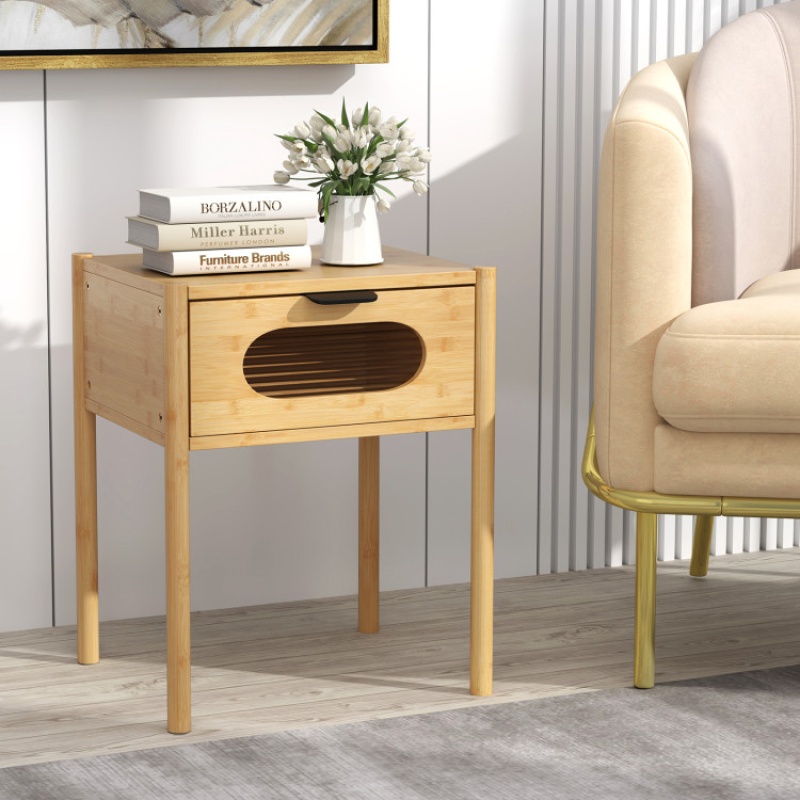 Bamboo Nightstand with Decorated Drawer