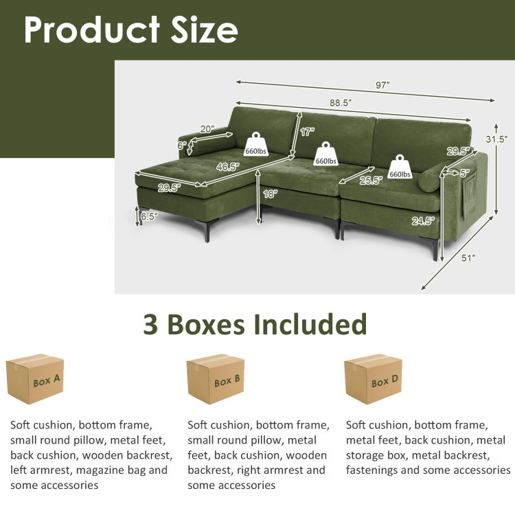 Modular L-Shaped 3-Seat Sectional Sofa With Reversible Chaise And 2 Usb Ports