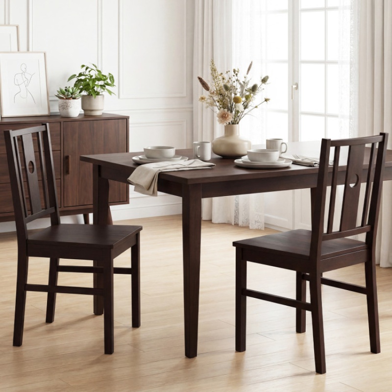 Set Of 2 Solid Rubber Wood Kitchen Chairs With Slatted Curved Backrest-Coffee
