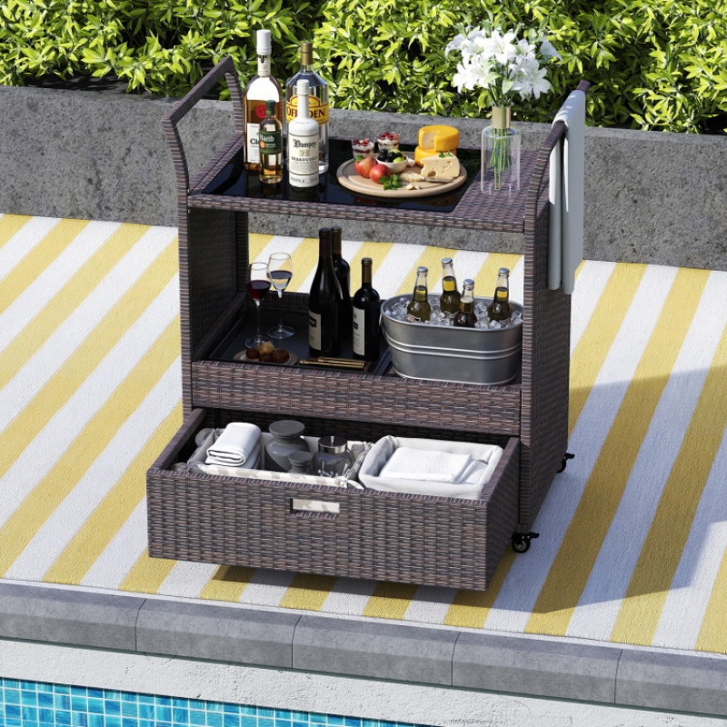 Outdoor Wicker Bar Cart Table With Tempered Glass Top