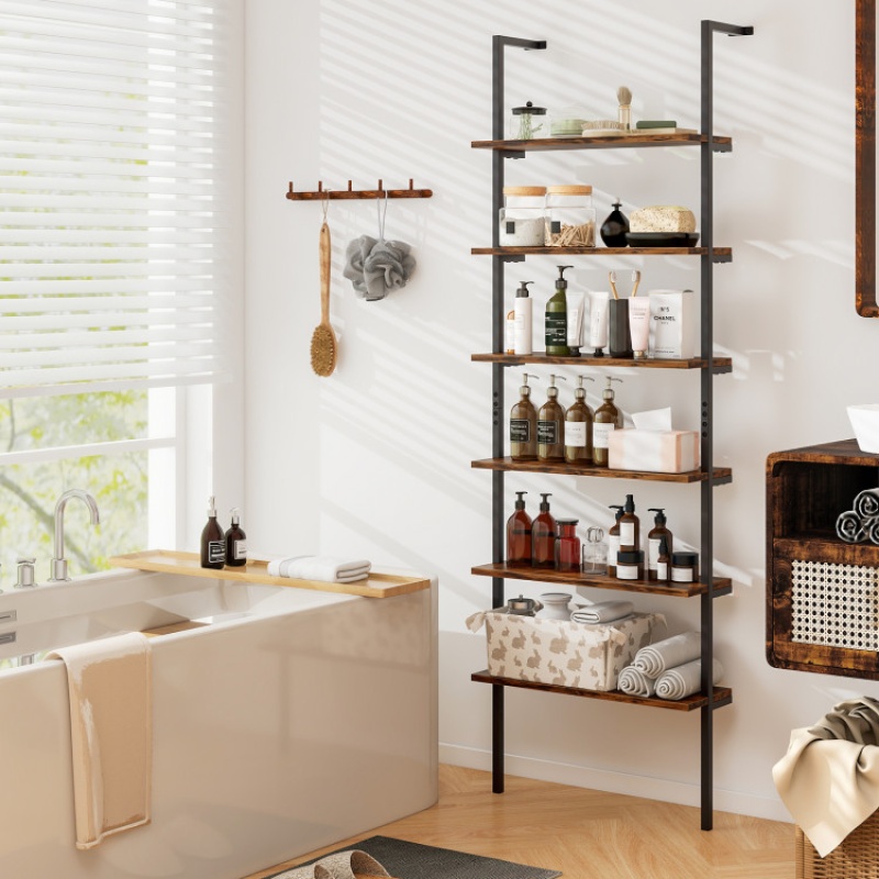 6-Tier Ladder Shelf 72 Inches Industrial Wall Mounted Bookshelf-Rustic Brown