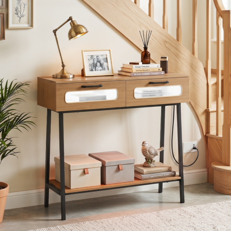 Console Table With Led Lights And Open Shelf For Hallway Entrance-Natural