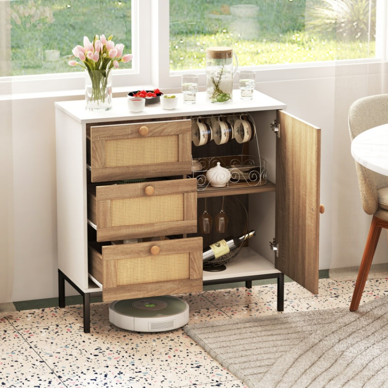 Rattan Sideboard Buffet Cabinet With 1 Door And 3 Drawers