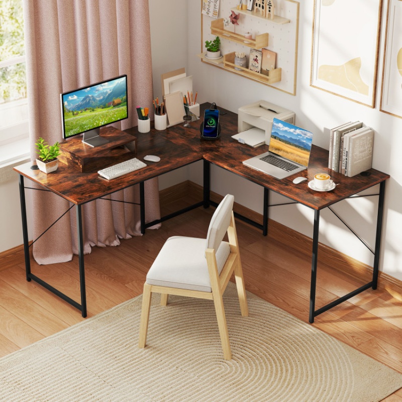 95-Inch 2-Person Reversible L-Shaped Computer Desk with Monitor Stand – Rustic Brown