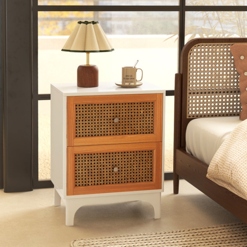 Boho Accent Table Nightstand With 2 Handwoven Rattan Decorated Drawers-White