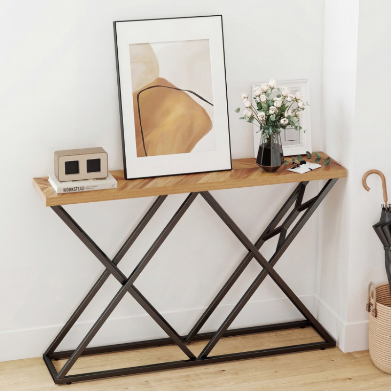 55 Inch Console Table With Solid Metal Frame And Storage-Wood