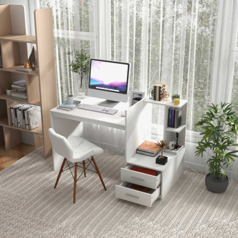 Computer Desk Home Office With Bookshelf And Drawers-White