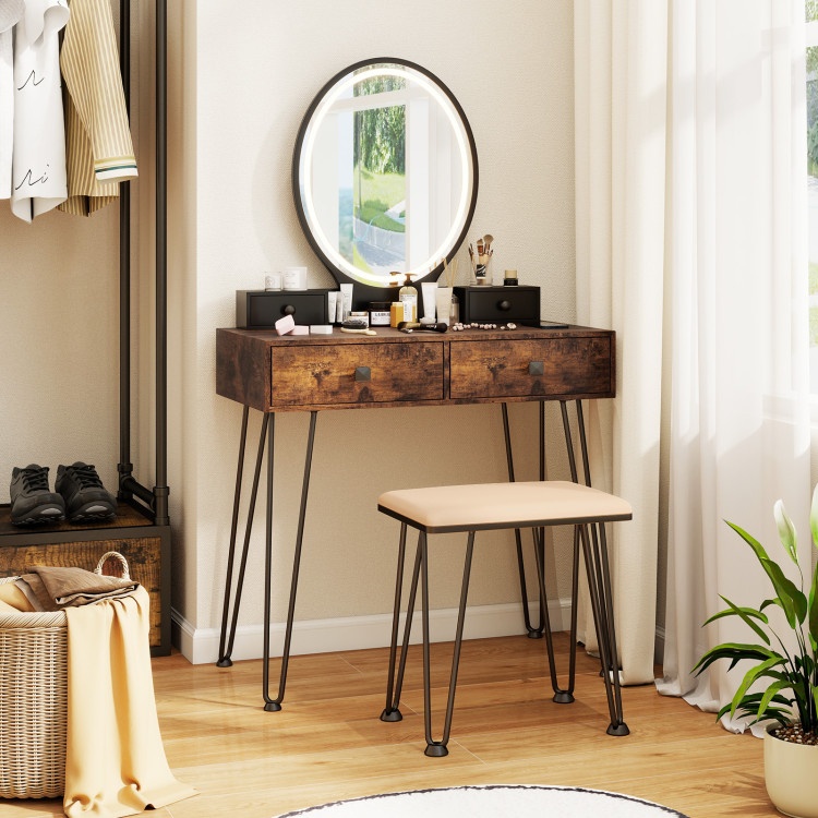 Brown Vanity Table Set with Lighted Mirror