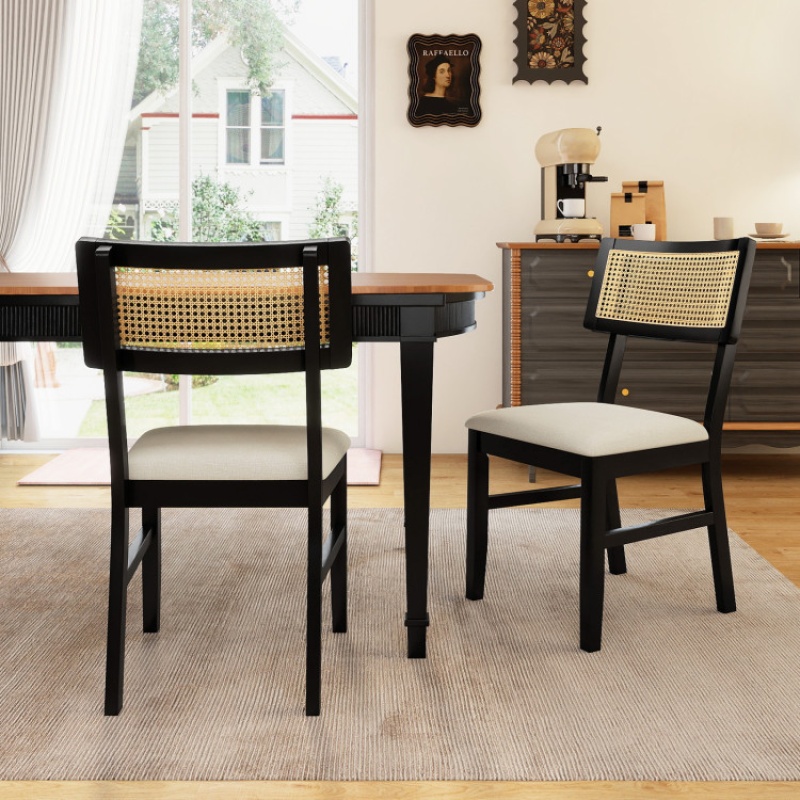 Rattan Dining Chairs Set Of 2 Fabric Upholstered Kitchen Chairs With Padded Seat And Rubber Wood Legs-Black