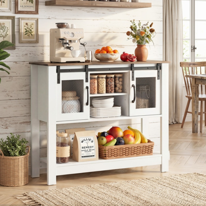 Console Table With Sliding Barn Doors And Storage Cabinets-Rustic Brown
