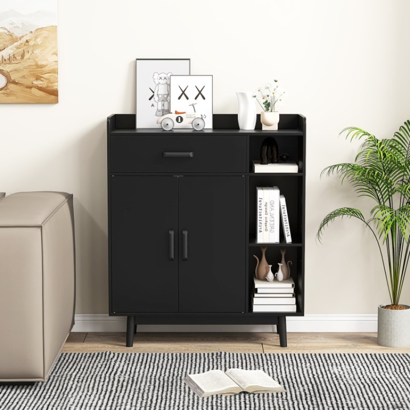 Floor Storage Cabinet Free Standing Cupboard Chest With 1 Drawer-Black
