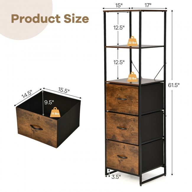 Freestanding Vertical 3 Drawer Dresser With 3 Shelves