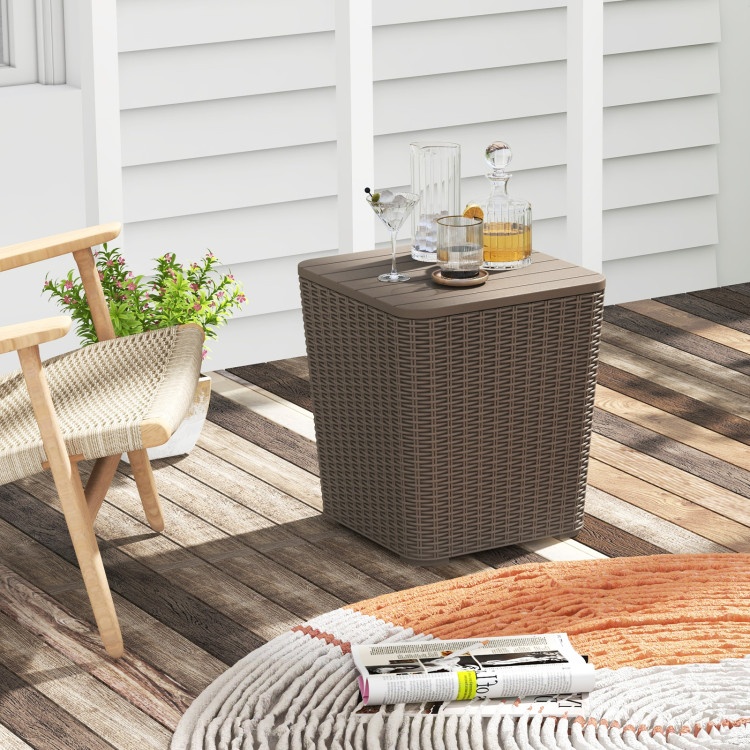 Outdoor Resin Storage Side Table With Removable Lid And Wicker-Woven Accent-Coffee