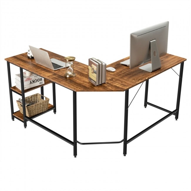 L Shaped Corner Computer Desk With Storage Shelves For Home Office Work