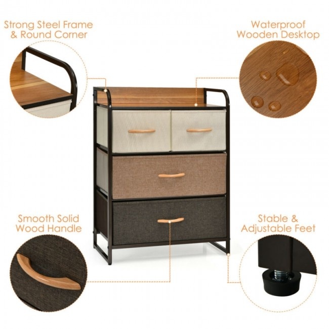 4Drawer Tower Steel Frame Wooden Top Dresser Storage With 3Tier Organizer