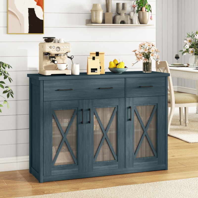 Farmhouse Buffet Sideboard 3-Door Kitchen Storage Cabinet With 2 Drawers-Turquoise