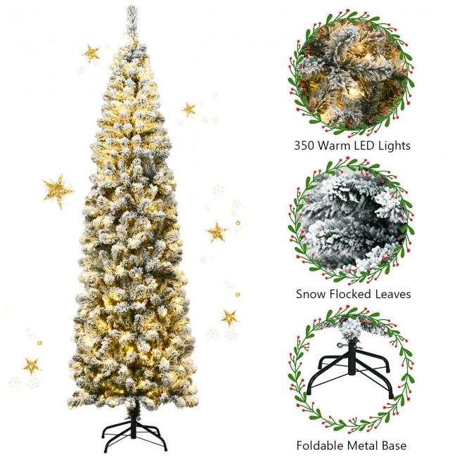 7.5 Feet Pre-Lit Snow Flocked Artificial Pencil Christmas Tree With Led Lights