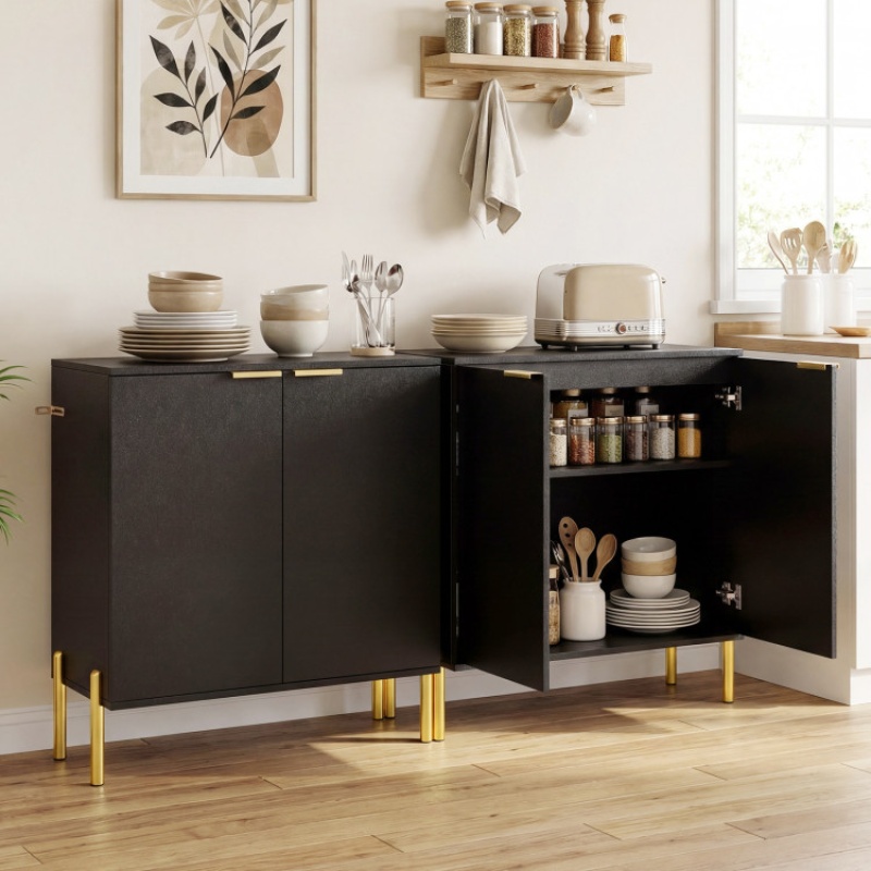 Set Of 2 2-Door Buffet Cabinet Sideboard With Metal Legs-Black