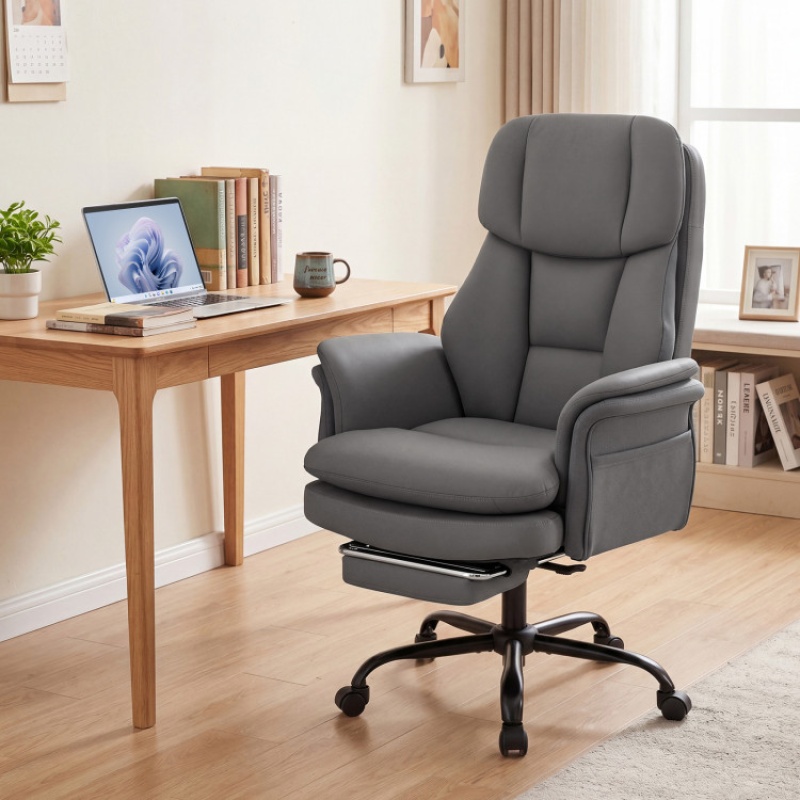 Ergonomic Cross Legged Office Chair Big And Tall Executive Chair With Retractable Footrest-Grey