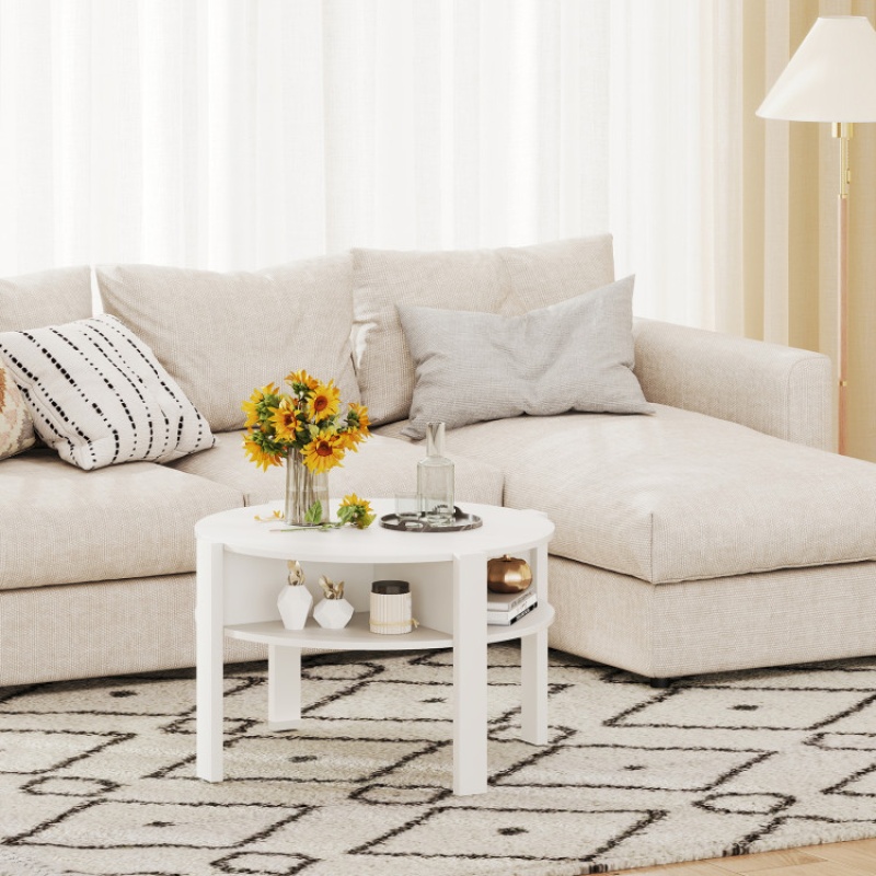 29.5 Inch Round Coffee Table With Storage Shelves For Small Space-White