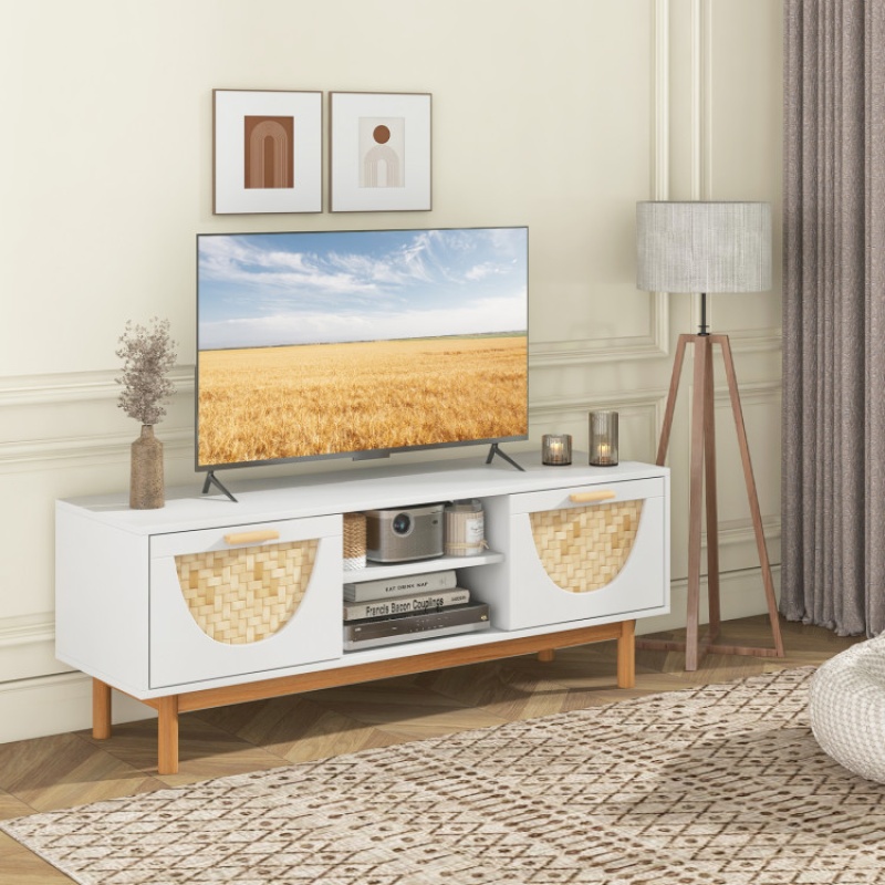 Mid Century Modern Tv Stand Entertainment Center For 55-Inch Tv With 2 Drawers And Bamboo Woven Fronts-White