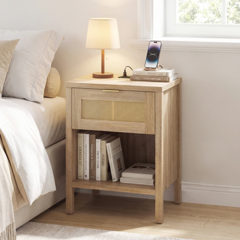 Rattan Nightstand With Charging Station And Storage Shelf For Bedroom-Oak