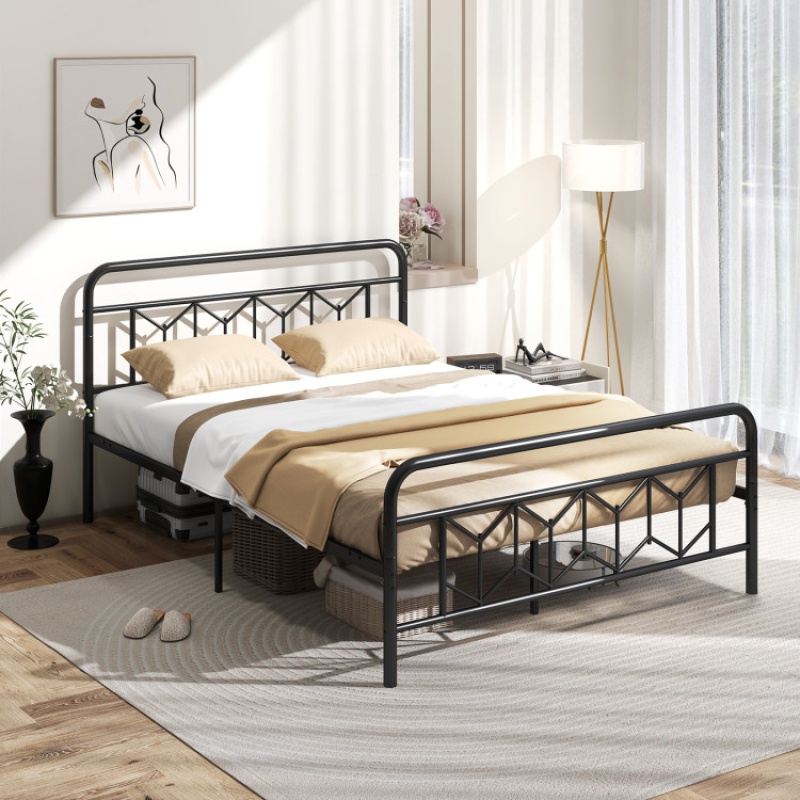 Platform Bed With High Headboard And Snap Lock Metal Slats-Queen Size