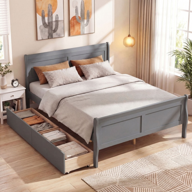 Full Size Bed Frame with 2 Storage Drawers and Footboard - Gray