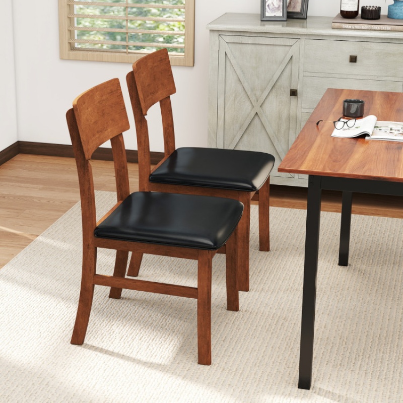 Dining Chairs Set Of 2 With Rubber Wood Legs And Faux Leather Upholstered Seat-Black
