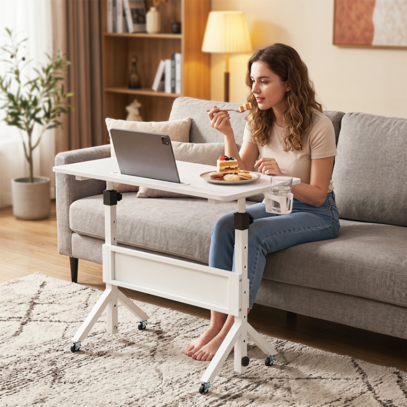 Mobile Standing Desk Height Adjustable Rolling Laptop Desk With Cup Holder Storage Basket-White