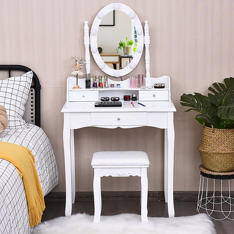 Oval Mirror Vanity Set With 10 Led Dimmable Bulbs And 3 Drawers-White