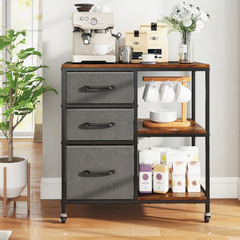 Brown 3-Drawer Mobile File Cabinet with Charging Station