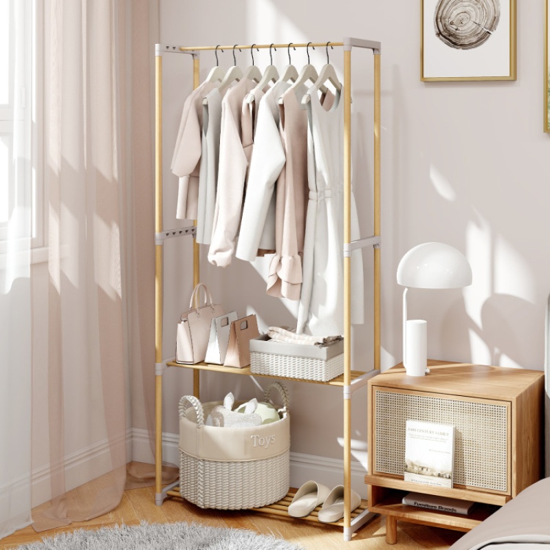 Pine Wood Clothes Rack With 2-Tier Open Storage Shelf
