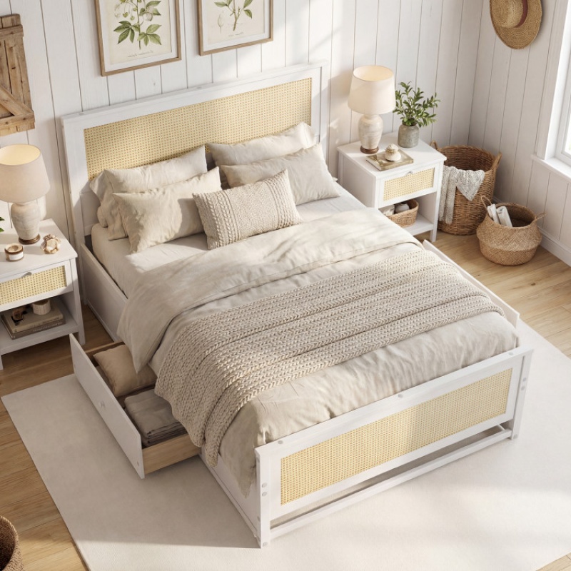 Full Size Rattan Bed Frame With Storage Drawers-White