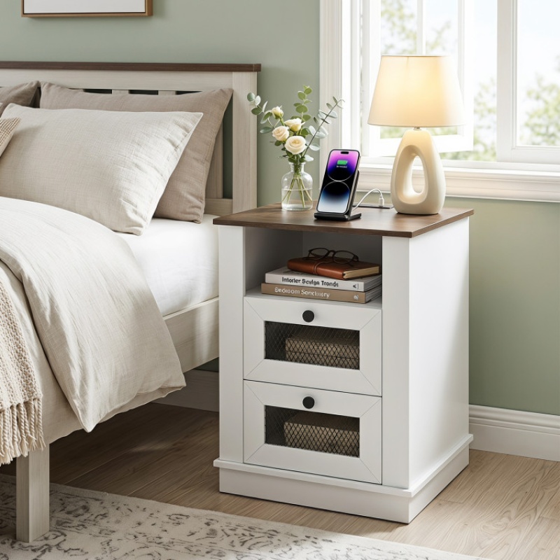 Nightstand With Charging Station And 2 Drawers Storage Compartment For Bedroom-Rustic Brown