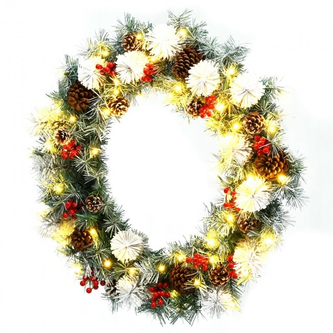 30-Inch Pre-Lit Flocked Artificial Christmas Wreath With Mixed Decorations