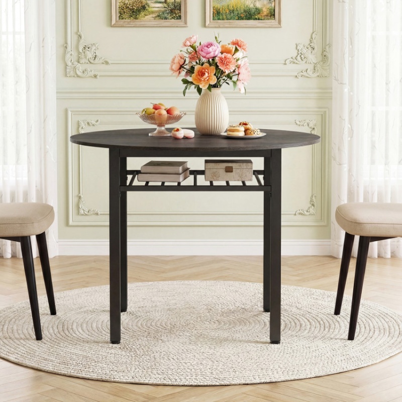 40” Round Kitchen Table With Storage Shelf And Metal Frame For 4 People-Gray