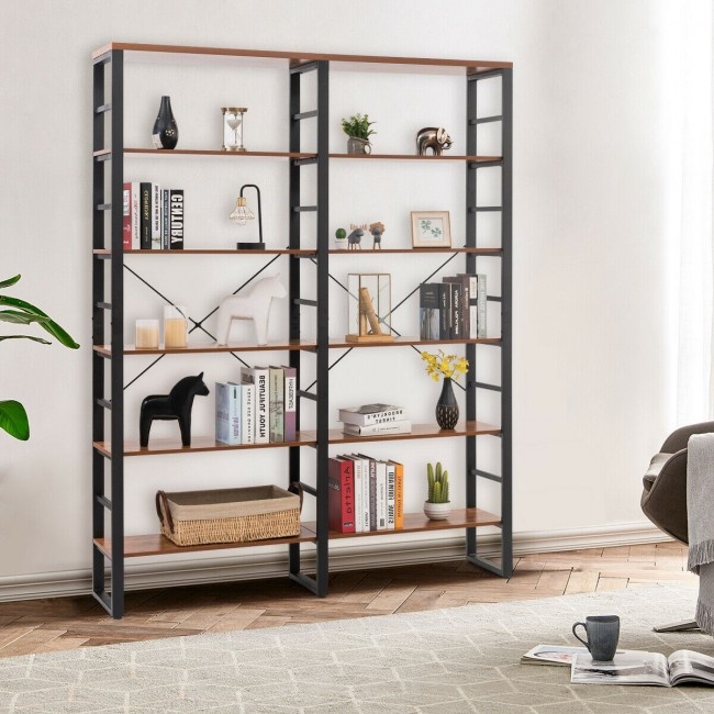 80.7 Inch Double Wide 6-Shelf Bookcase Industrial Metal Storage Shelf