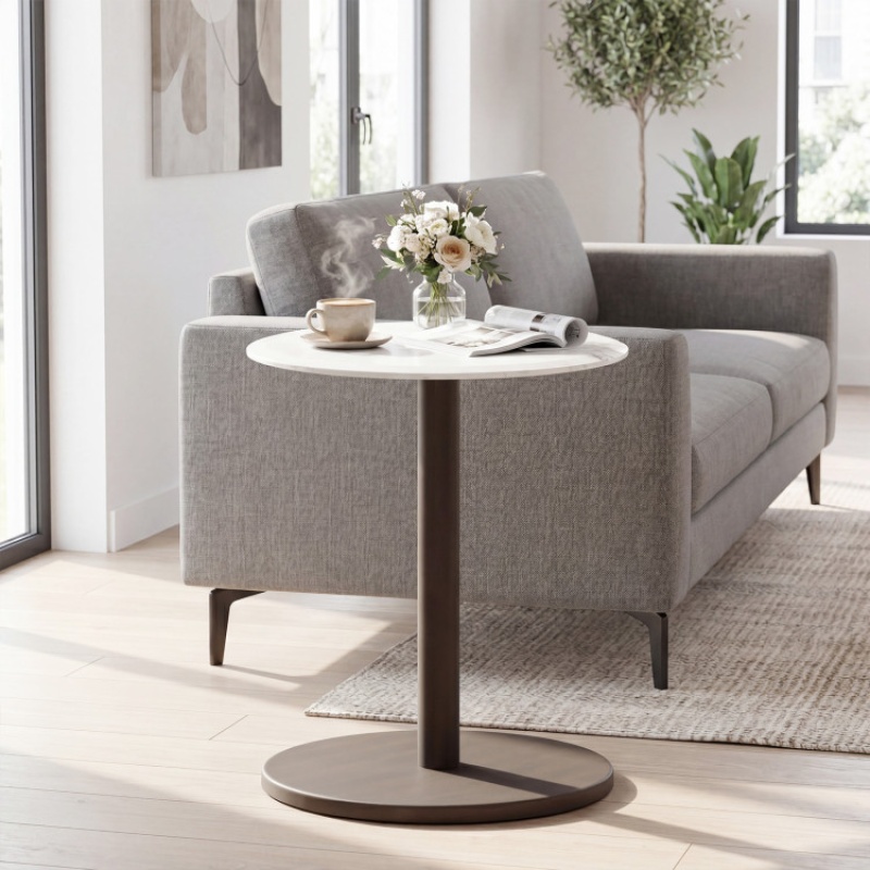 Round Marble Side Table Pedestal End Table With Stone Finish And Wooden-Black & White