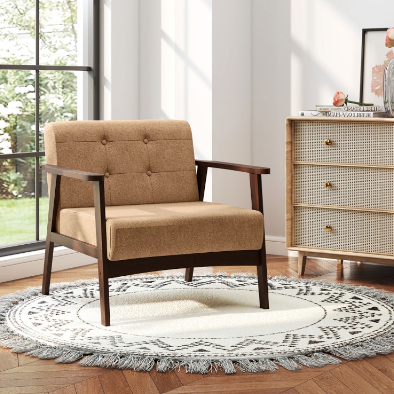 Rubber Wood Frame Accent Chair With Armrest For Living Room-Beige