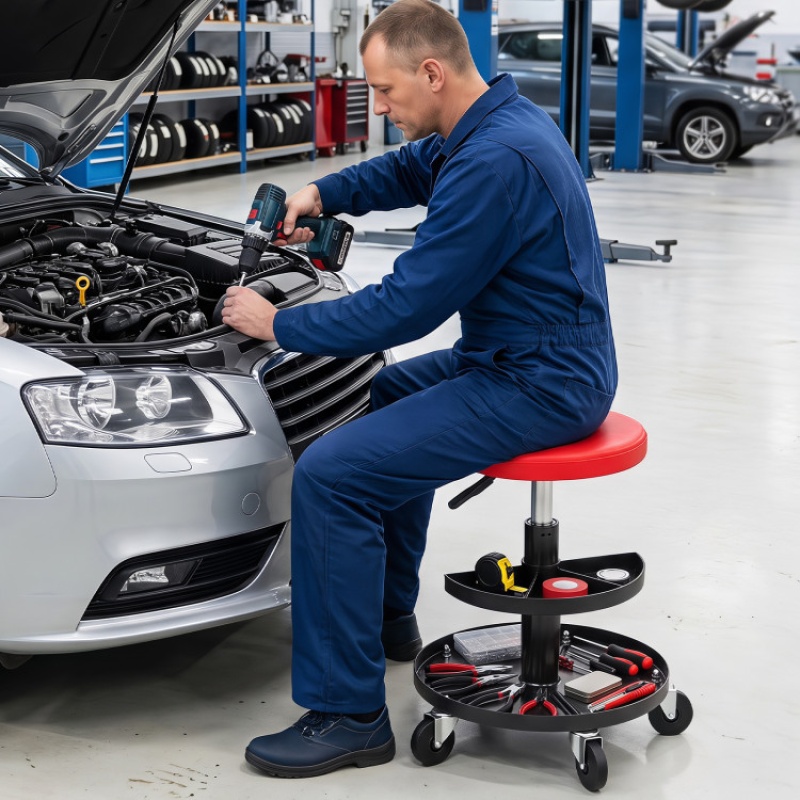16.5"-22" Adjustable Height Seat Rolling Mechanic Stool With Wheels-Red