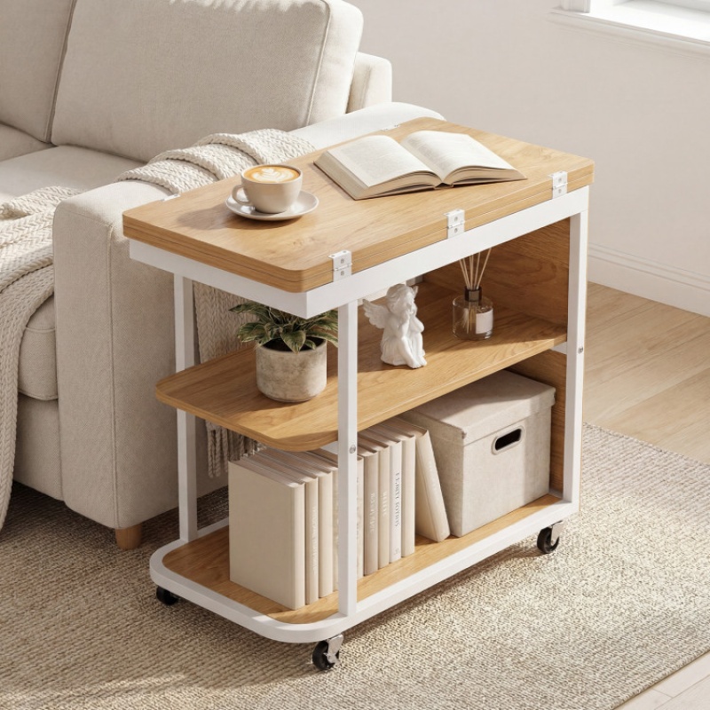 Mobile Night Stand With Foldable Swivel Top And 2-Tier Shelf For Small Spaces-Natural